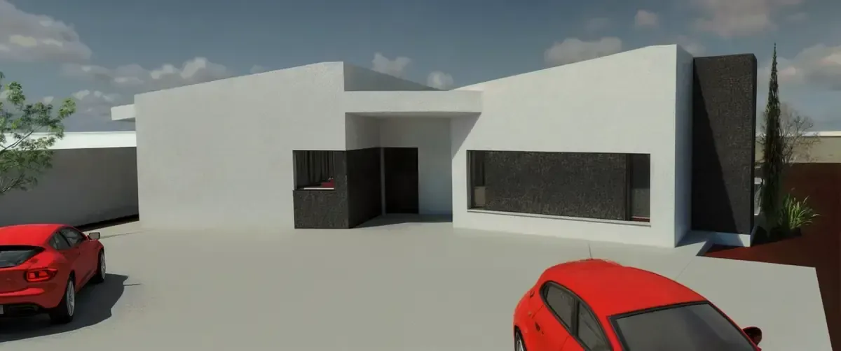 Casa blanca moderna con coches rojos en la entrada.