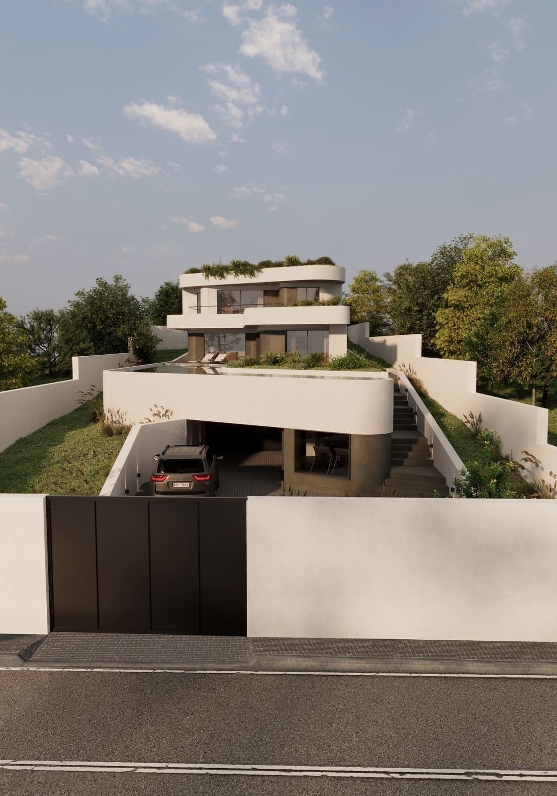 Moderna casa blanca de dos pisos con bordes curvos, construida en una ladera, con un automóvil estacionado en un garaje.