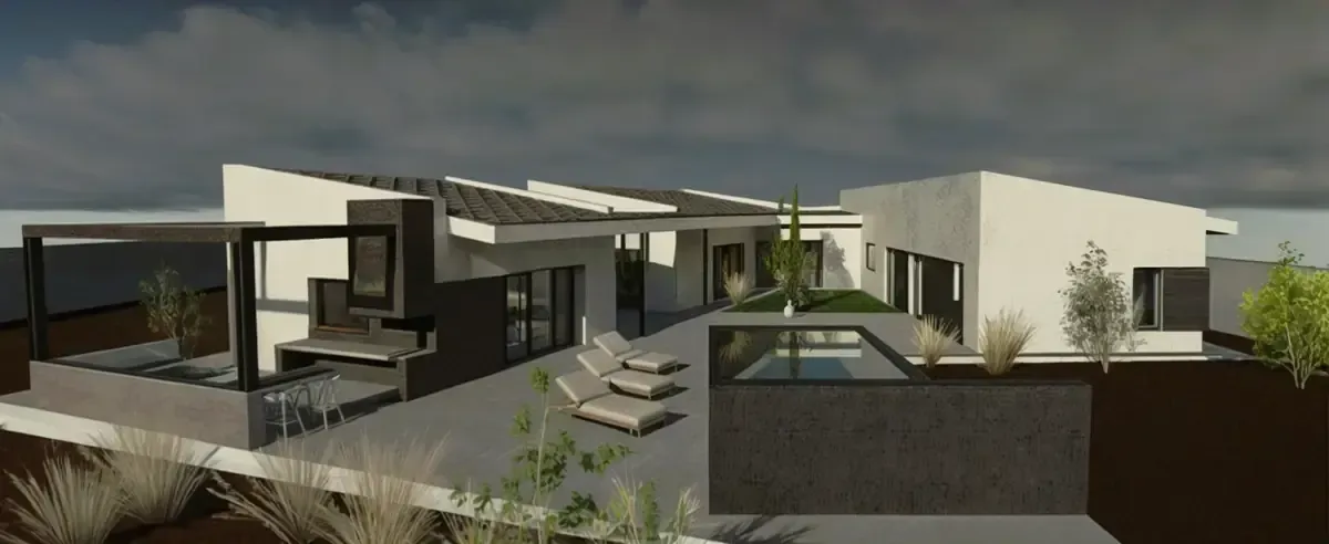 Exterior de casa moderna con patio, piscina y tumbonas. Cielo nublado.