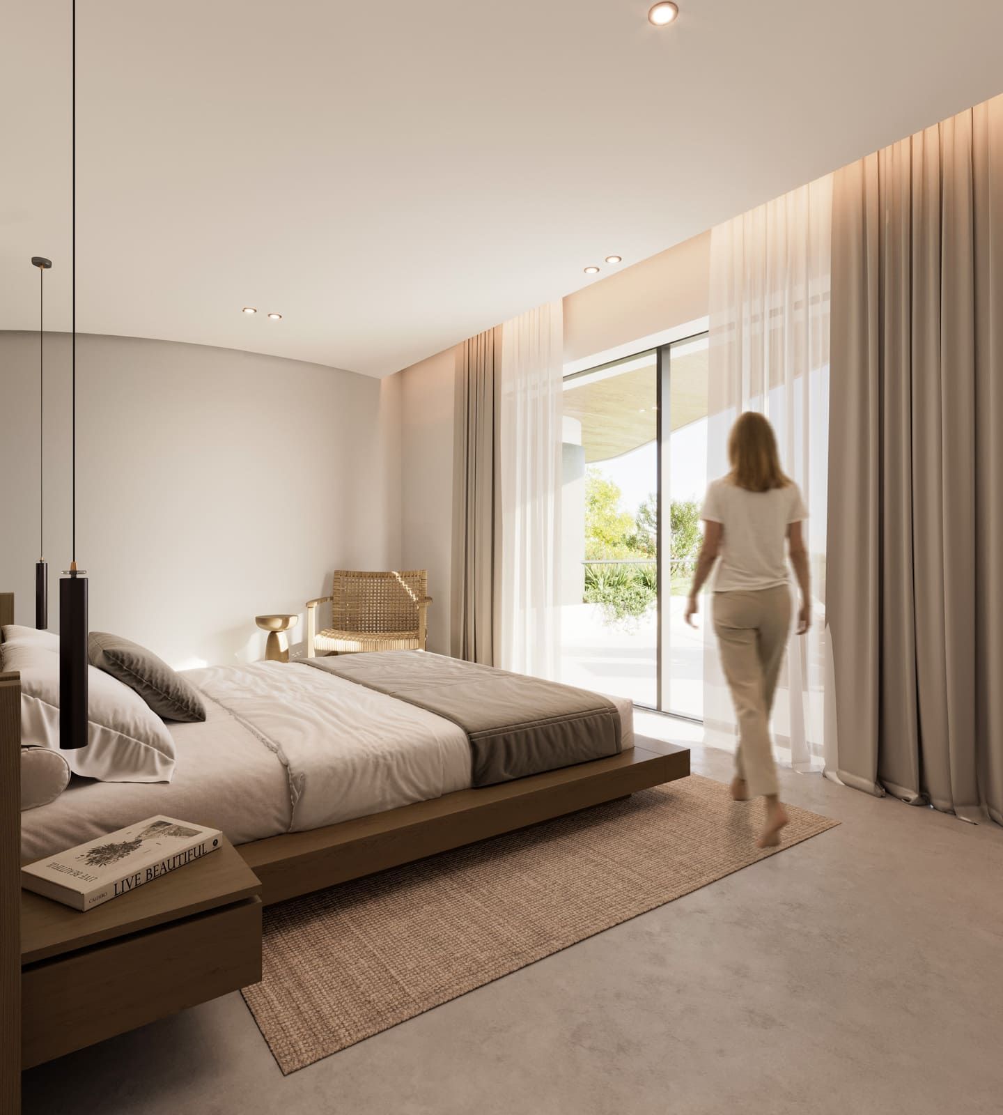 Dormitorio con cama, mesita de noche y una mujer caminando hacia una ventana. Tonos beige, blanco y madera.