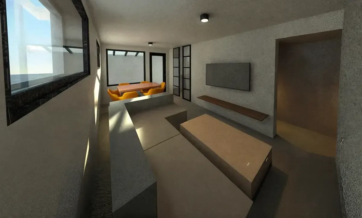 Moderna sala de estar con grandes ventanales, sofá seccional y comedor.