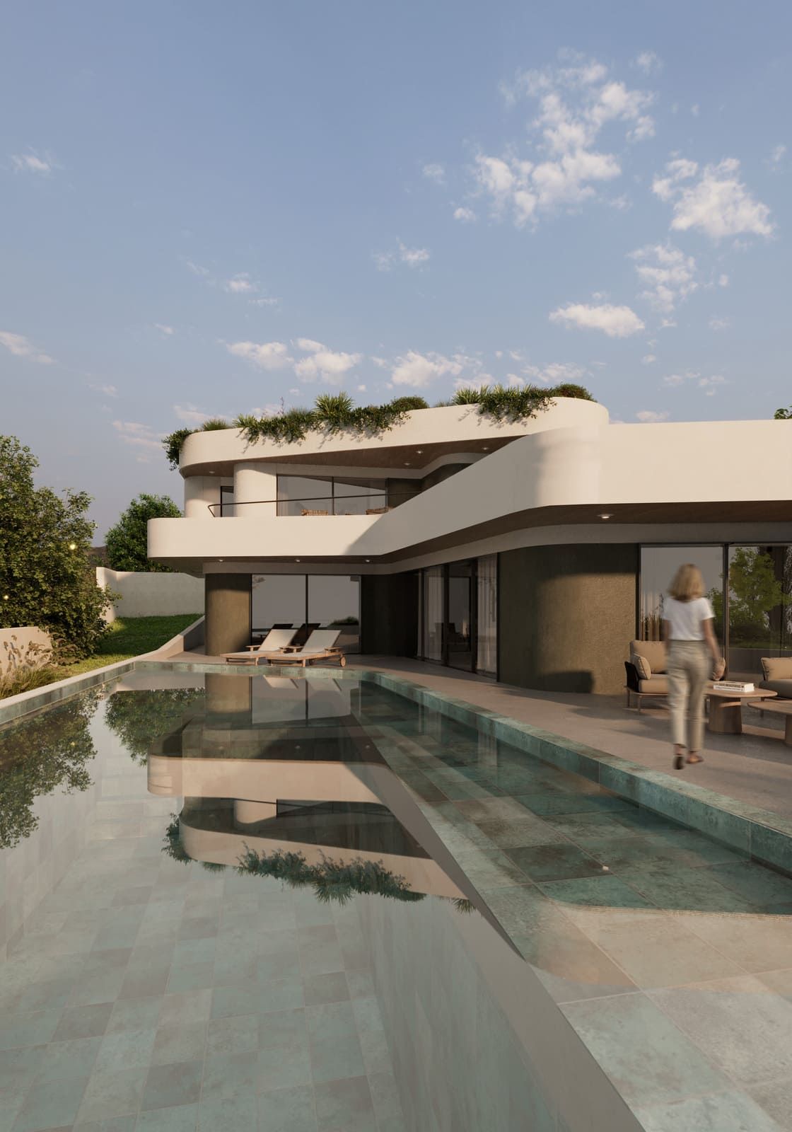 Casa blanca moderna con piscina, mujer caminando.