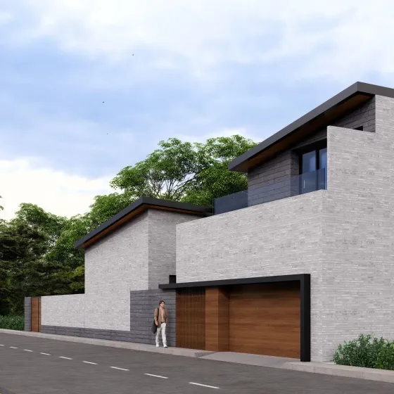 Casa moderna de ladrillo con puerta de garaje de madera, persona de pie, vista a la calle.