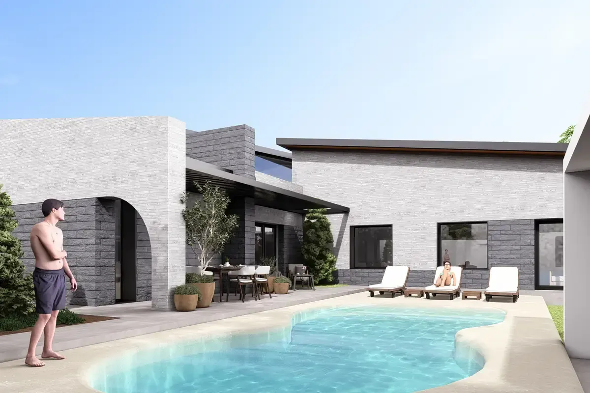 Una casa moderna con piscina y tumbonas. Un hombre está de pie junto a la piscina, otro sentado en una tumbona.