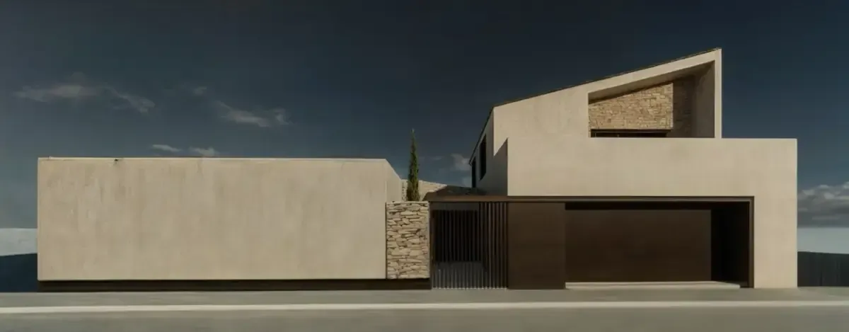 Exterior de casa moderna con paredes beige y puerta de garaje marrón oscuro.