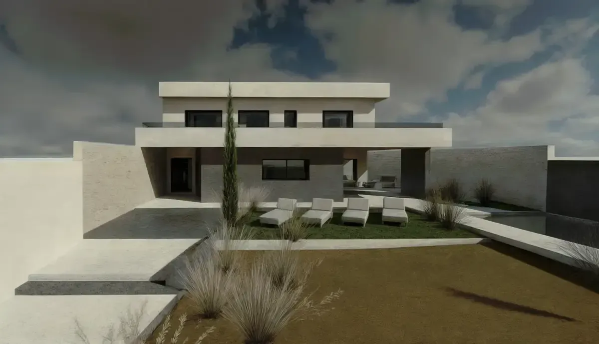 Casa moderna de dos plantas con techo plano, fachada beige y zona de estar al aire libre. Incluye vegetación y un cielo nublado.