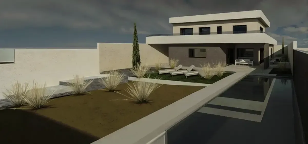 Casa moderna con jardines, con piscina y ciprés alto.