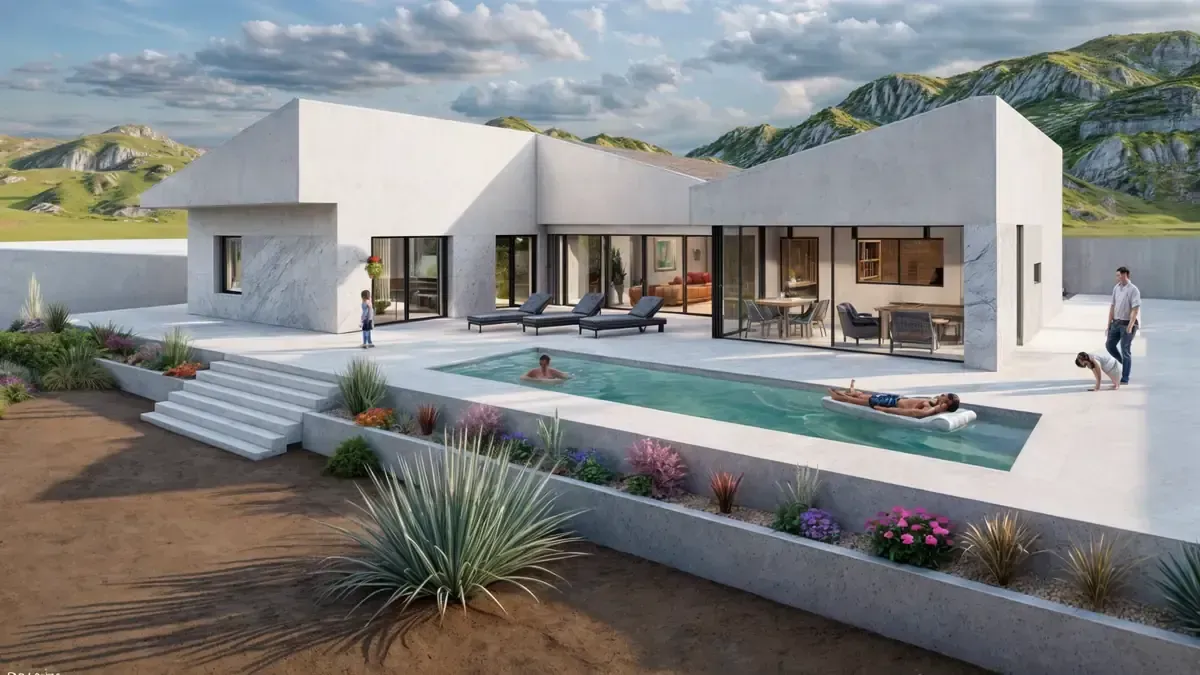 Casa blanca moderna con piscina y montañas al fondo. La gente nada y se relaja al aire libre.