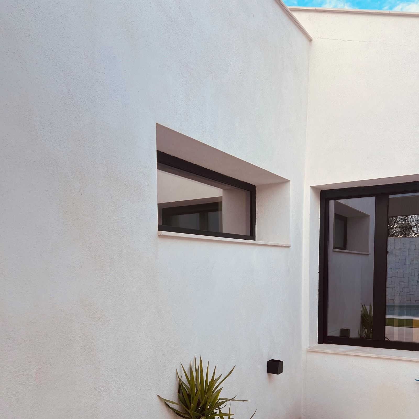 Pared exterior blanca con ventanas con marco negro, una pequeña planta y un cielo azul de fondo.