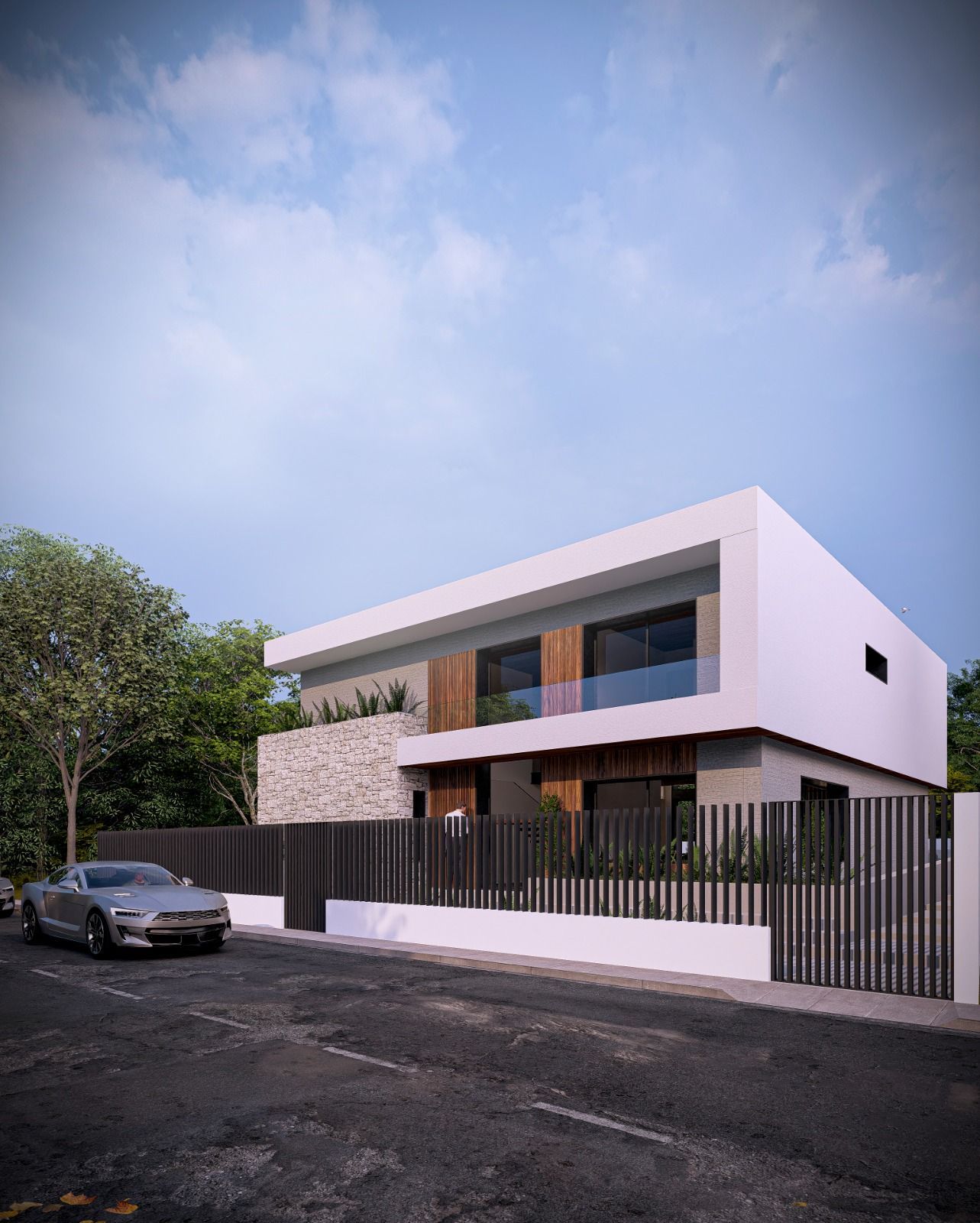 Casa moderna de dos plantas con fachada blanca y de madera, cerca negra y coche aparcado en la calle. Fondo de cielo soleado.