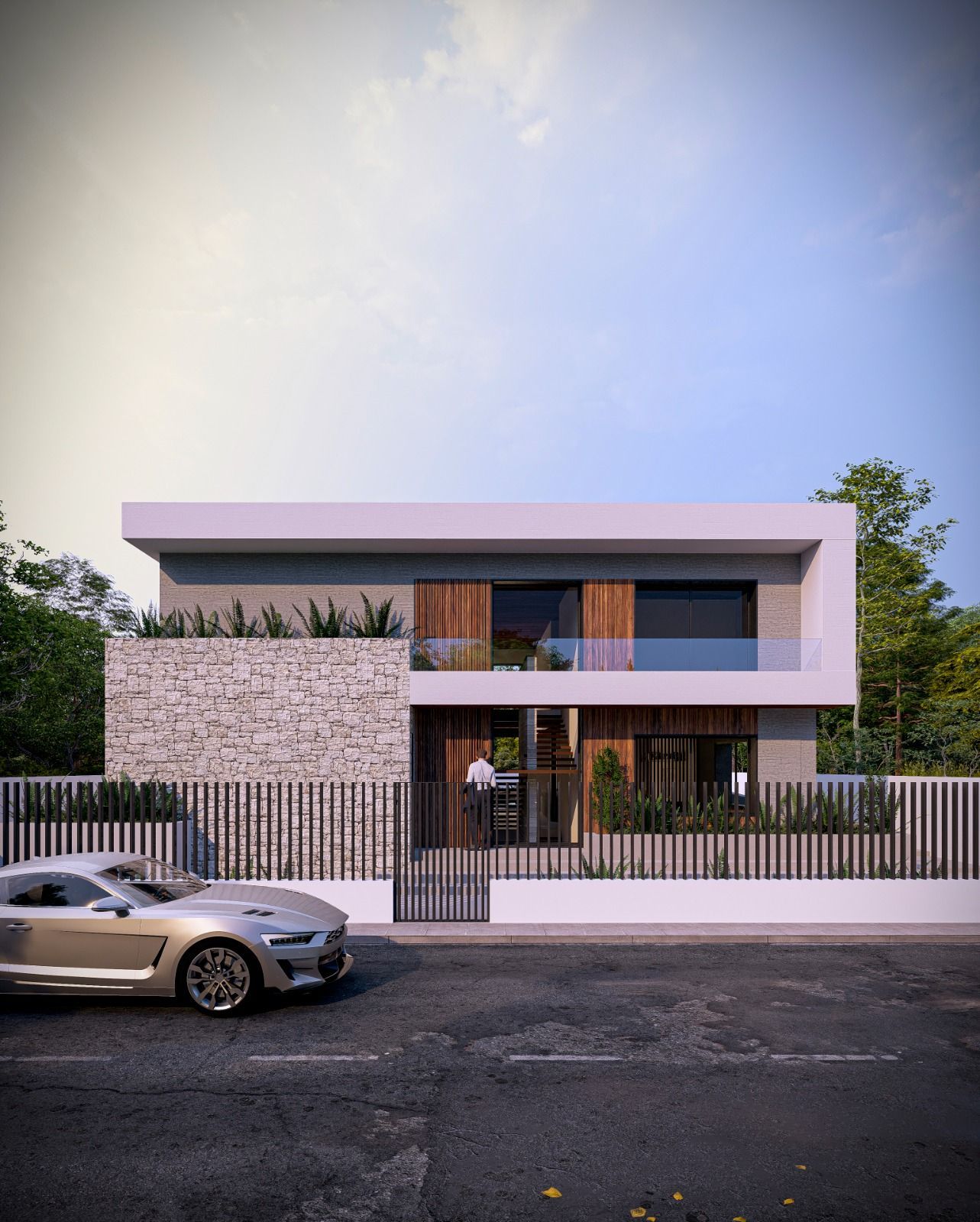 Casa moderna de dos pisos con paredes gris claro, detalles de piedra, paneles de madera y un auto plateado estacionado al frente.