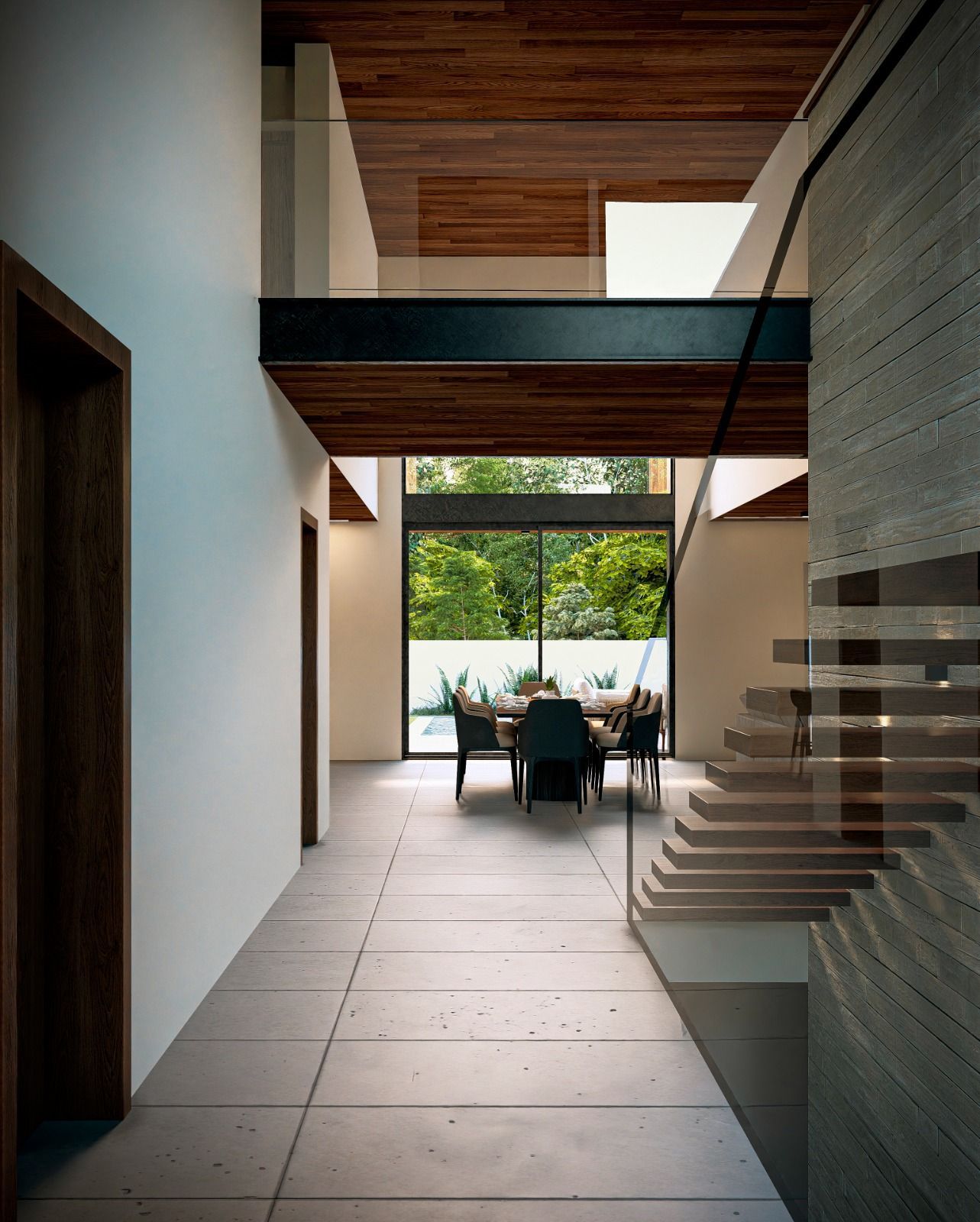 Interior moderno: Pasillo con detalles en hormigón y madera, que conduce a un comedor con vista al exterior.