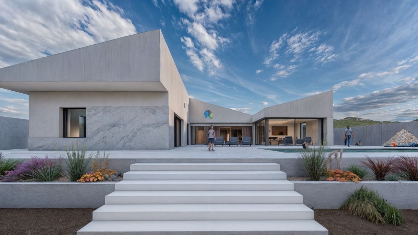 Moderna casa blanca con piscina y escaleras, rodeada de jardines bajo un cielo azul.