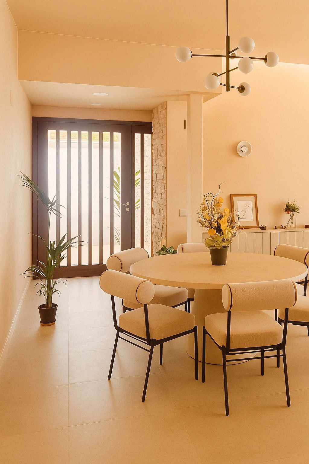 Comedor luminoso con mesa redonda, sillas negras y lámpara de araña dorada. Puerta al exterior.