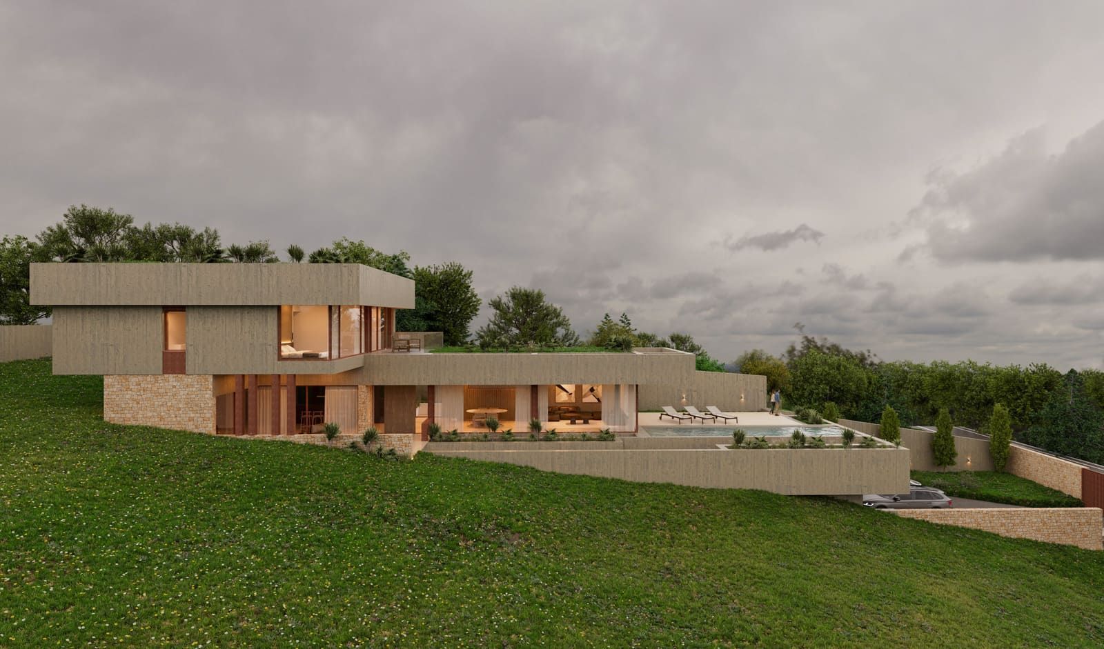 Moderna casa en la ladera con piscina, exterior beige y cielo nublado.