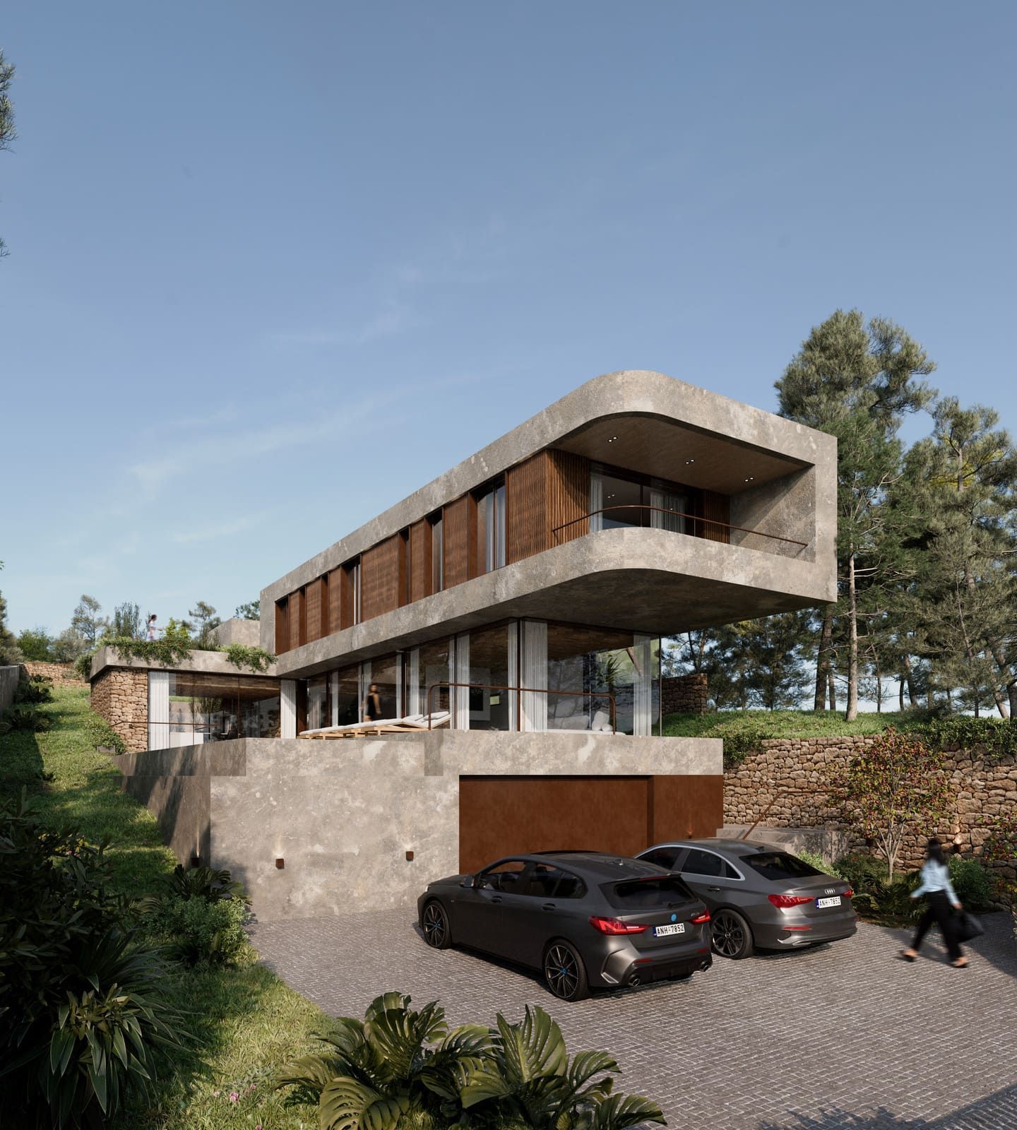 Casa moderna de hormigón con nivel superior en voladizo; coches en la entrada.