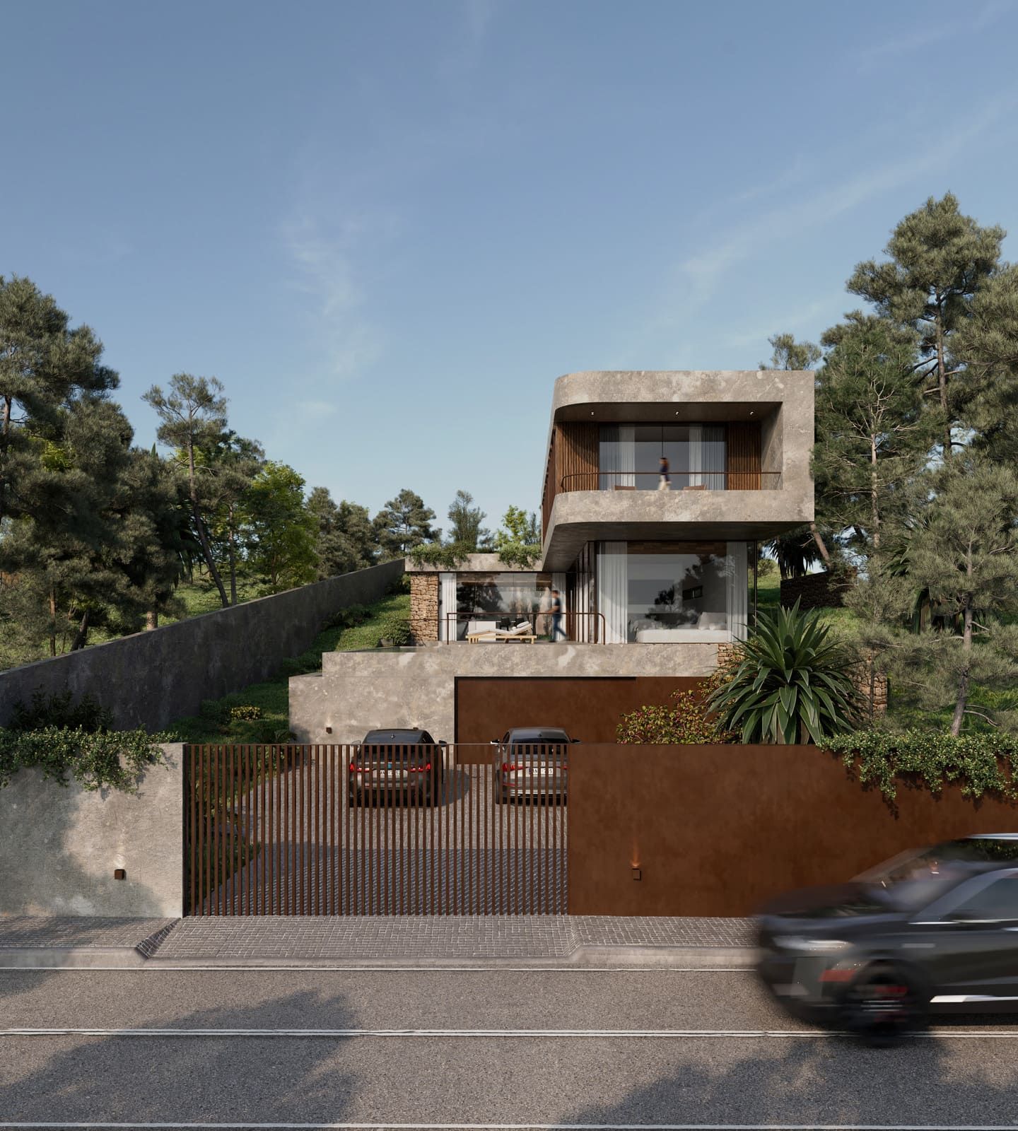 Casa moderna con fachada de hormigón, entrada cerrada y exuberante paisaje en una ladera.