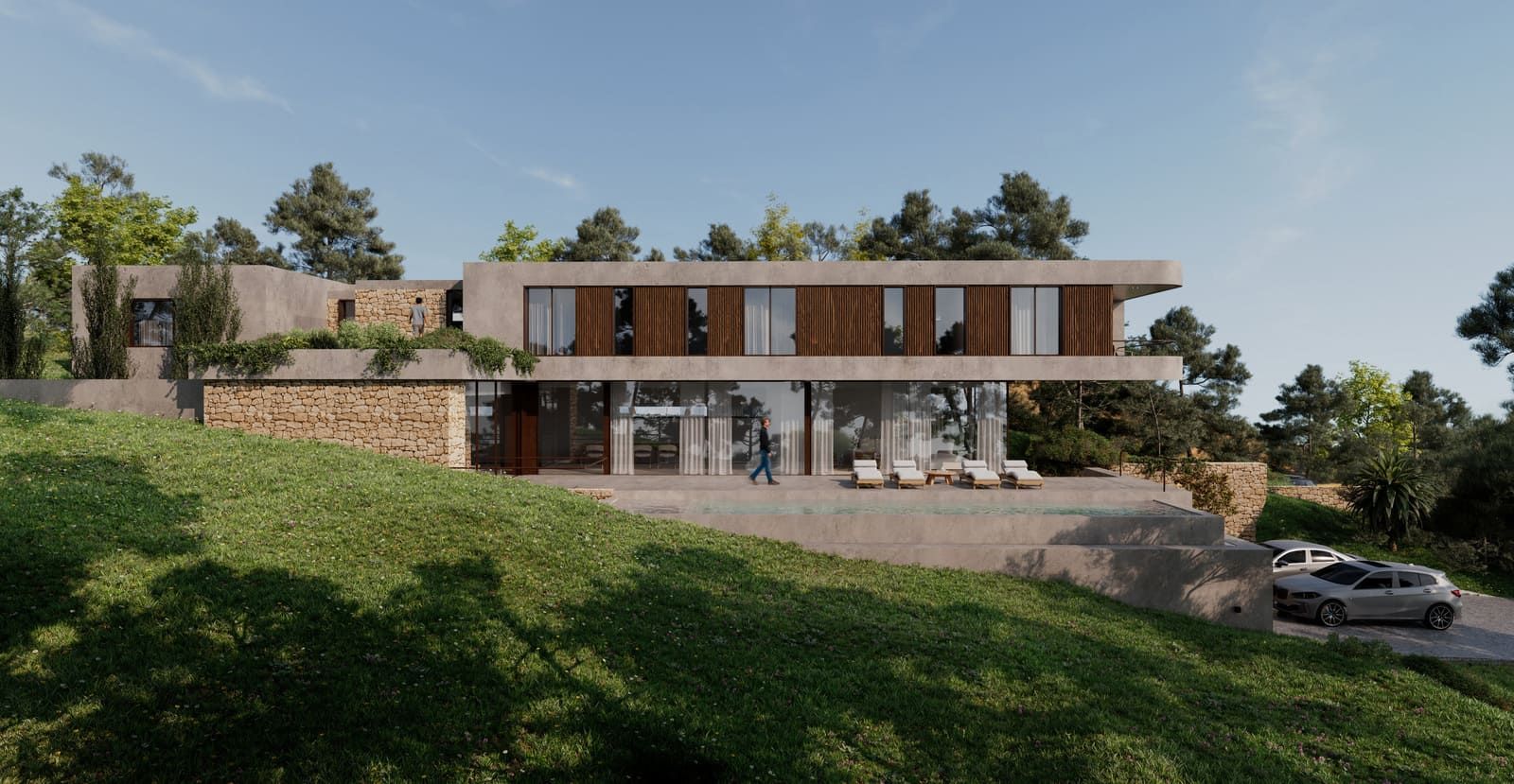 Casa moderna de dos pisos con detalles en piedra y madera; frente de vidrio; ubicada en una ladera con vegetación y árboles.