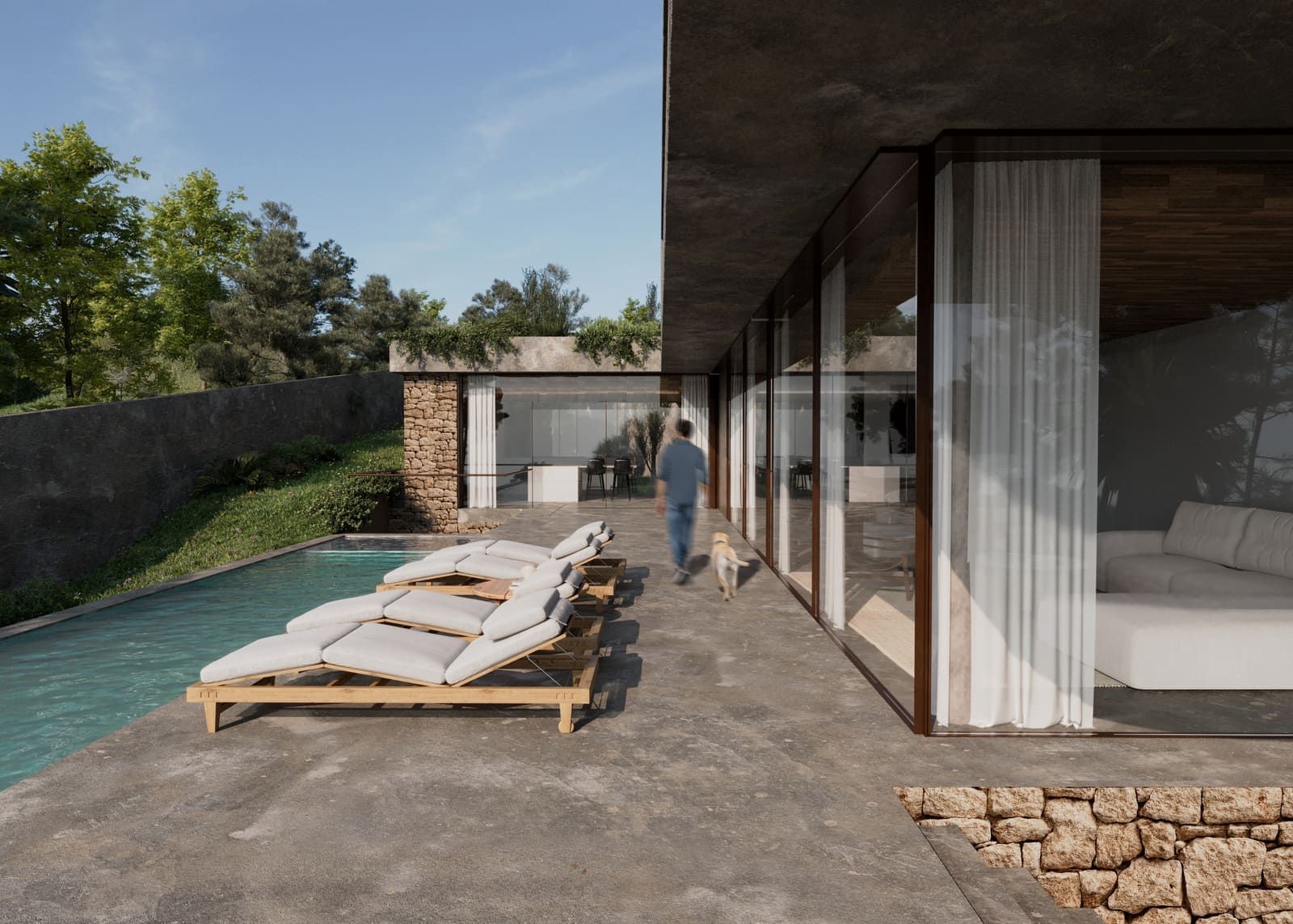 Una persona y un perro caminan por un patio hacia una casa moderna con piscina.