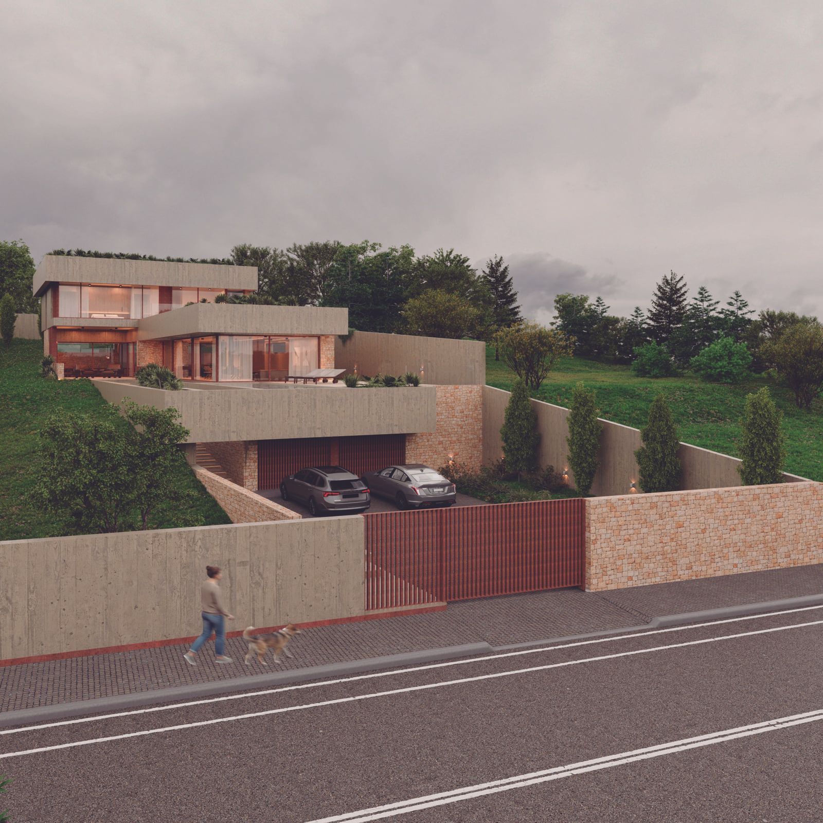 Casa moderna construida en una ladera con garaje, coches y una persona paseando a un perro.