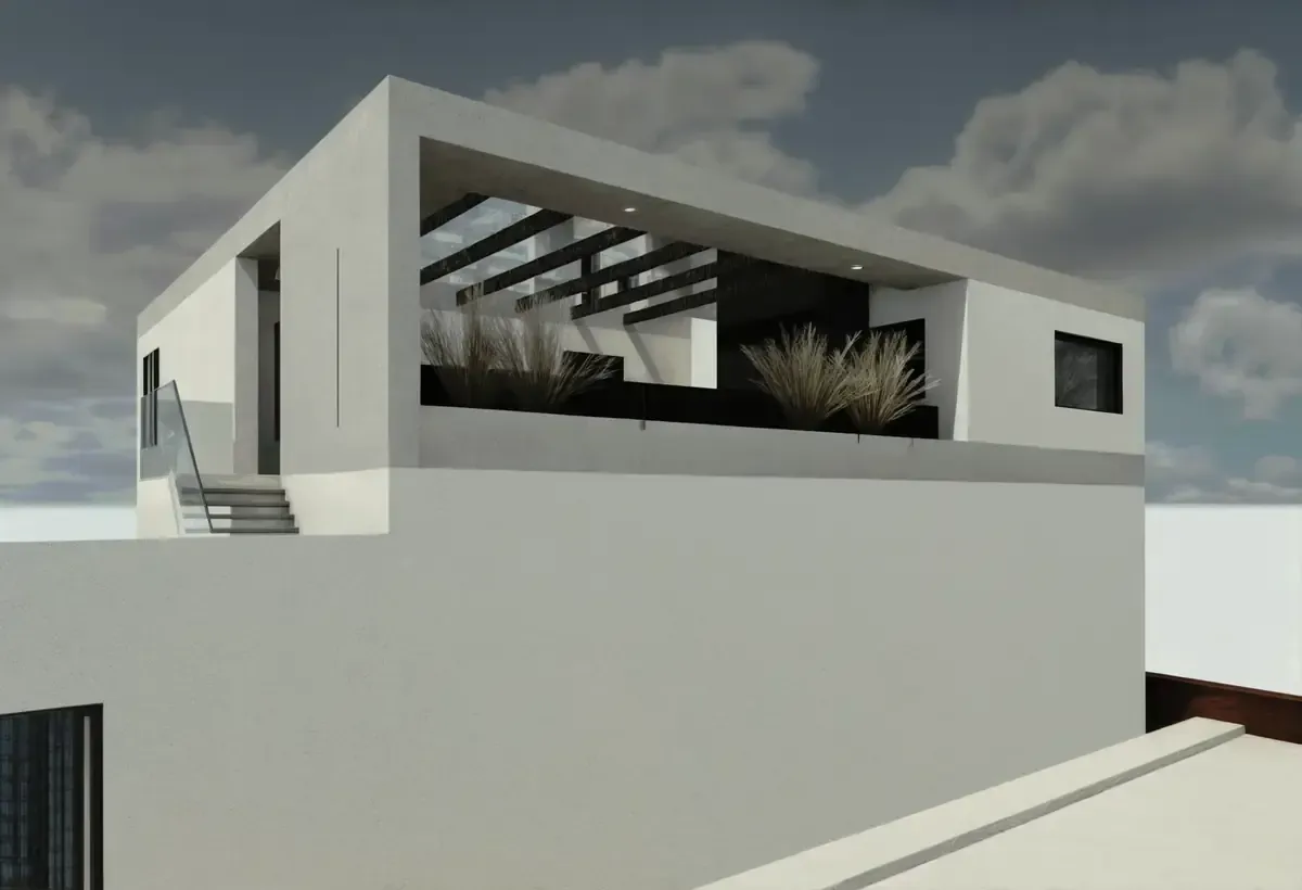 Edificio blanco moderno con jardín en la azotea, techo de cristal y detalles oscuros.