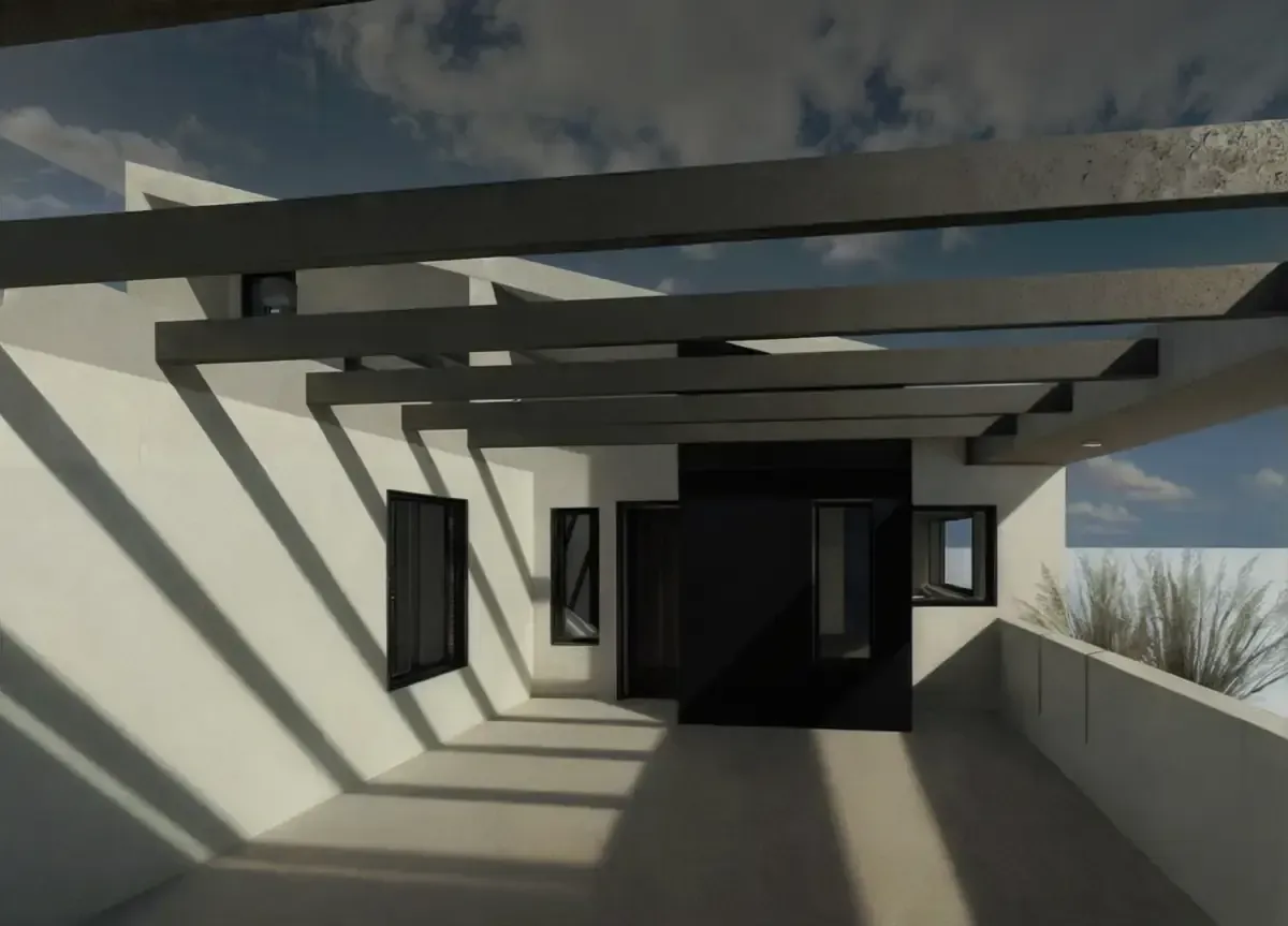 Exterior de edificio moderno con vigas superiores que proyectan sombras, ventanas y una puerta oscura.