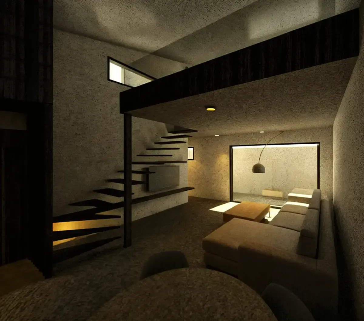 Interior con escalera, entrepiso y ventanal. Sofá beige y paredes texturizadas de diseño moderno.