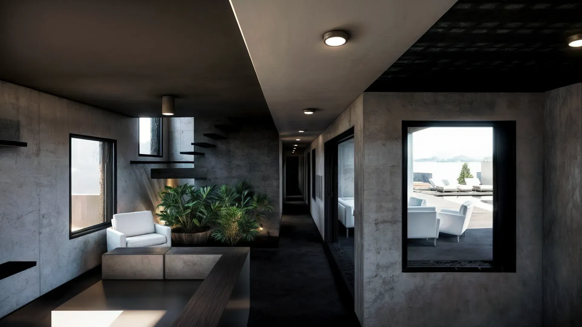 Pasillo moderno con paredes de hormigón, ventanas y muebles minimalistas.