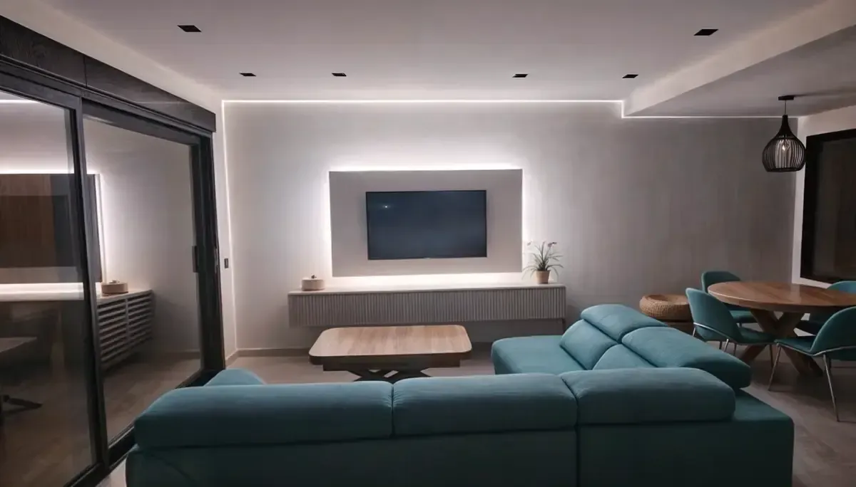 Sala de estar moderna con sofá verde azulado, TV, detalles de madera e iluminación ambiental.