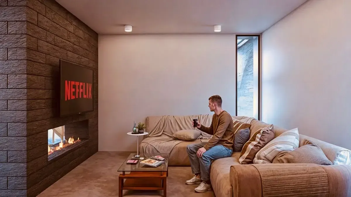Un hombre mira Netflix en la televisión en una acogedora sala de estar con una pared de ladrillos y una chimenea.