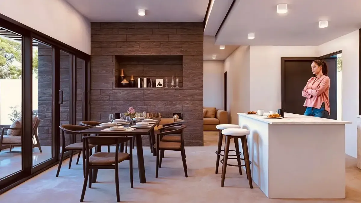Mujer en la cocina, de pie frente a un mostrador, con los brazos cruzados. Mesa de comedor con paneles de madera, diseño moderno y tonos neutros.