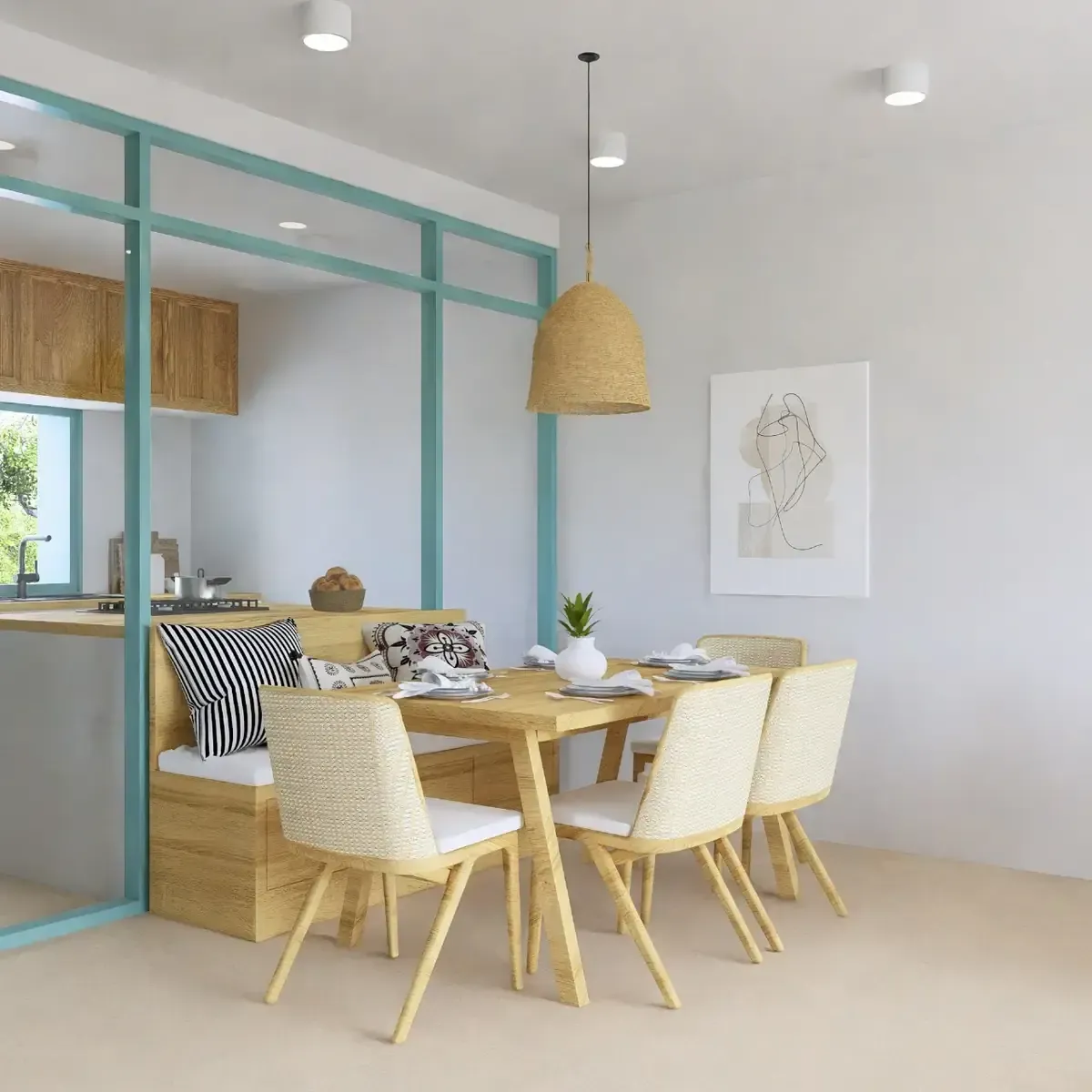 Un comedor luminoso con una mesa de madera, sillas tejidas y un banco incorporado, junto a una cocina con marco azul claro.