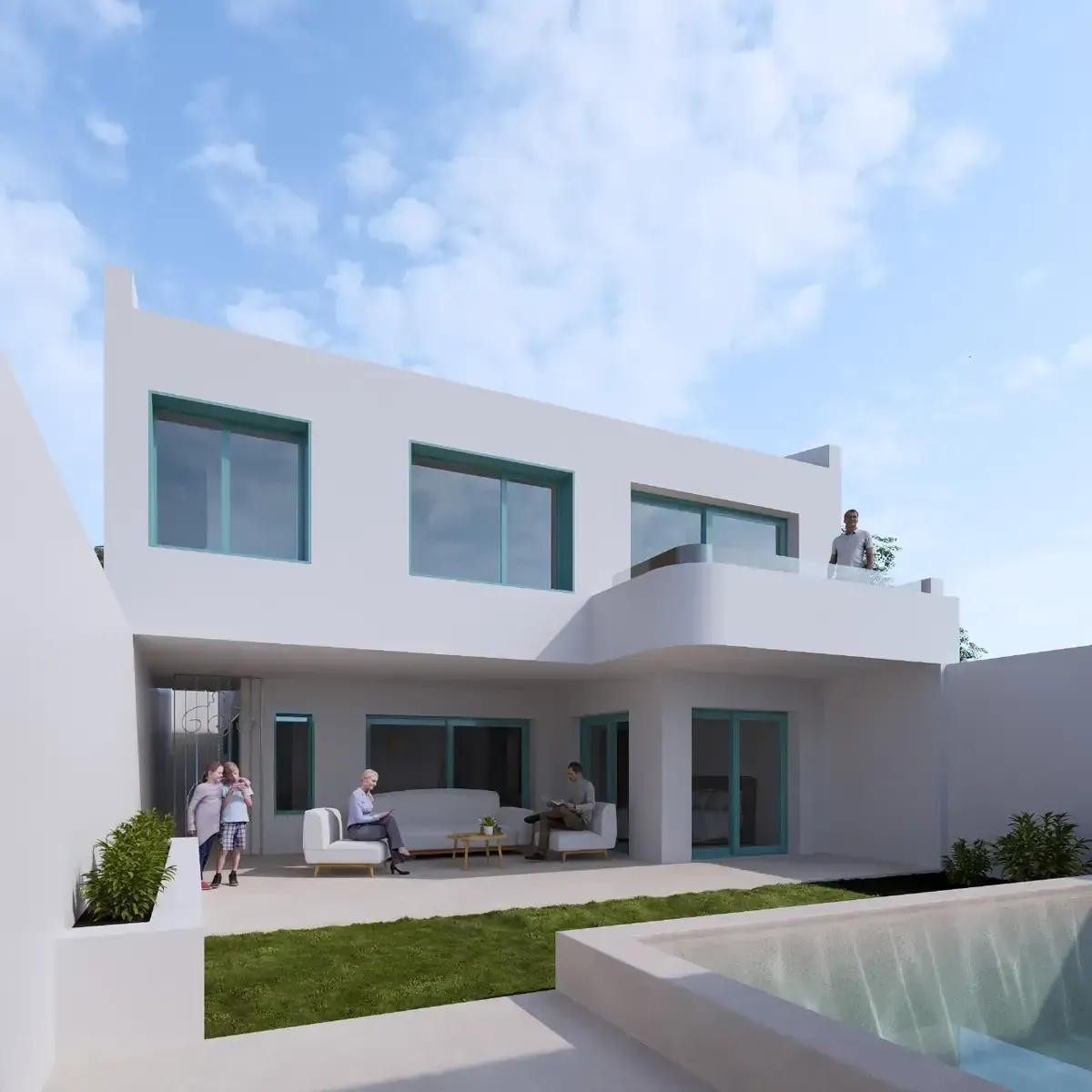 Exterior de casa blanca moderna con piscina, familia en el patio, cielo azul.