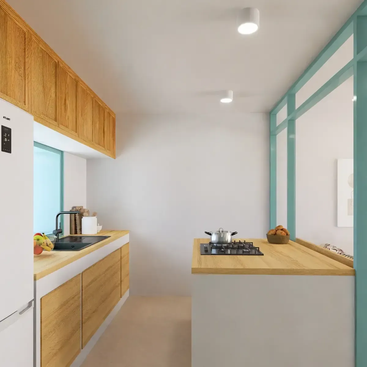 Cocina moderna con gabinetes de madera clara, electrodomésticos blancos y una isla central con estufa.