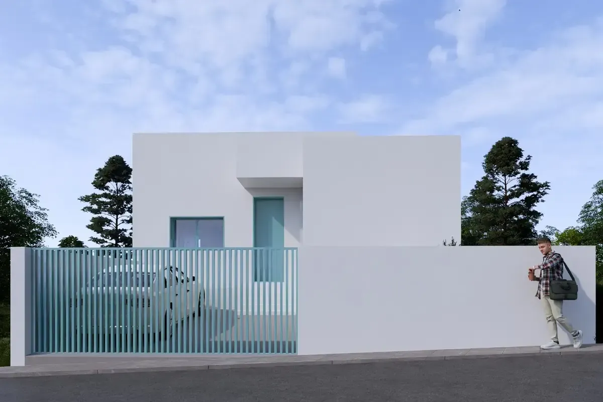 Casa blanca moderna con detalles en turquesa, una valla y una persona caminando.