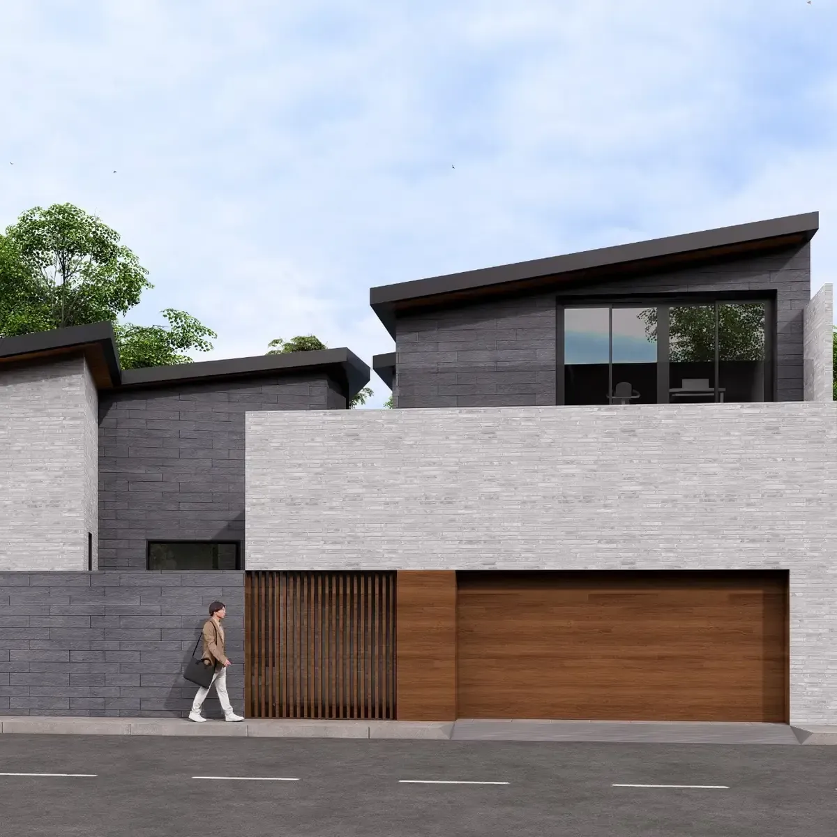 Casa moderna de ladrillo gris y blanco con puerta de garaje de madera y una persona caminando.