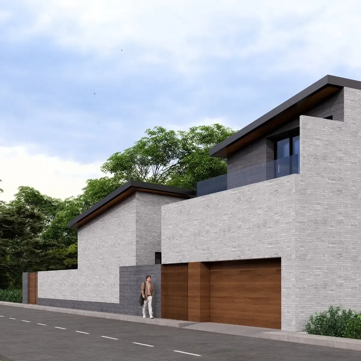 Casa moderna de dos pisos con fachada de piedra gris, puerta de garaje de madera y una persona parada cerca.