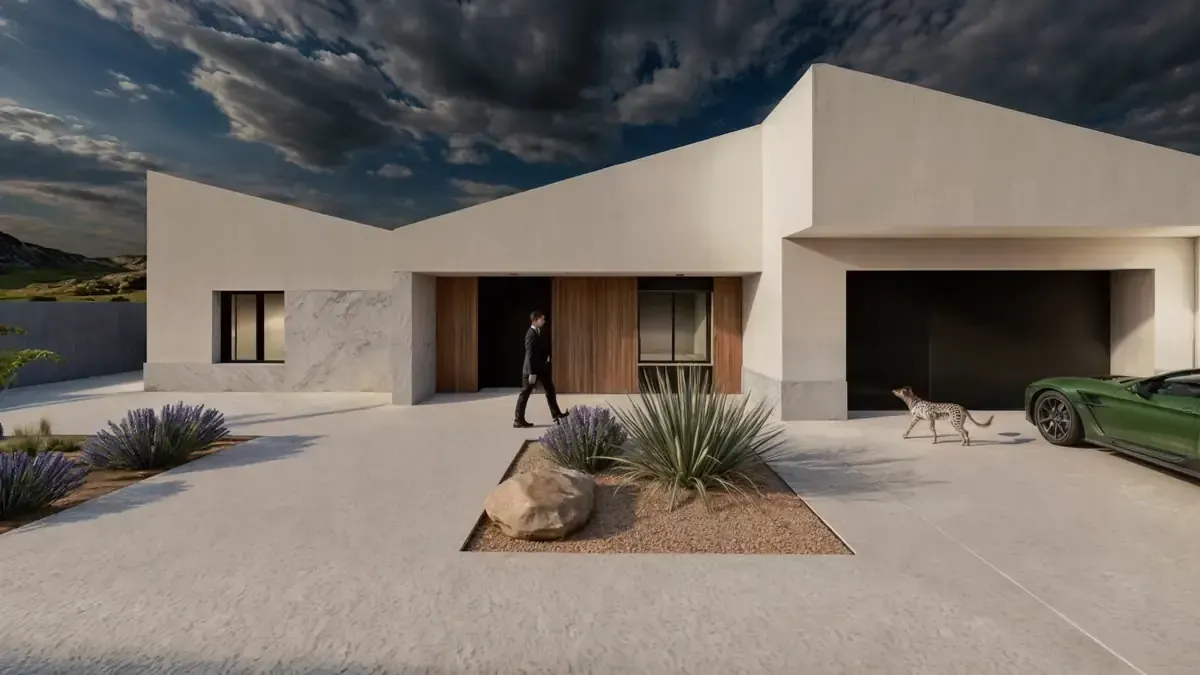 Casa blanca moderna con una persona caminando delante y un perro y un coche verde fuera del garaje.