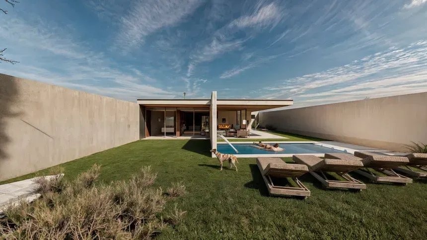 Una casa moderna con una pequeña piscina, césped y tumbonas bajo un cielo azul.