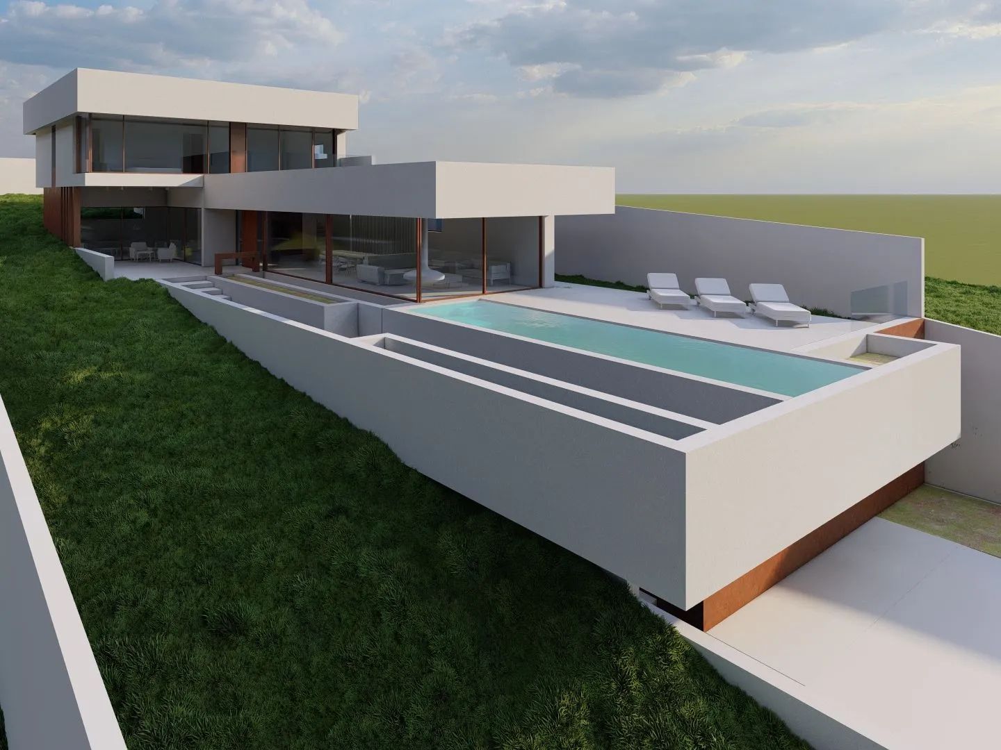 Casa blanca moderna con piscina sobre un césped inclinado.