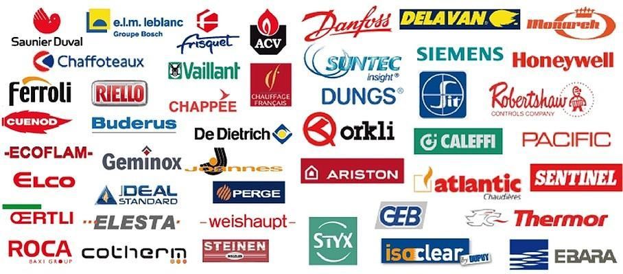 Logos de diverses marques, notamment Saunier Duval, Siemens, Honeywell, Ariston, et bien d'autres.