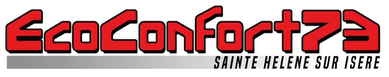 Accueil Logo EcoConfort 73 en rouge avec ombre portée, texte "SAINTE HELENE SUR ISERE" en blanc sur fond gris.