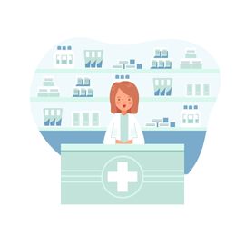 Farmacéutico detrás del mostrador con estantes de medicamentos; azul claro y blanco.