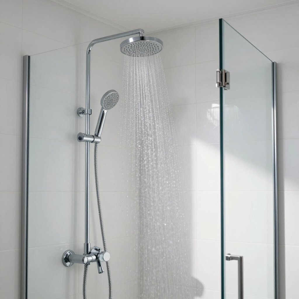 Ducha moderna de cristal con grifería cromada y dos cabezales de ducha que rocían agua.