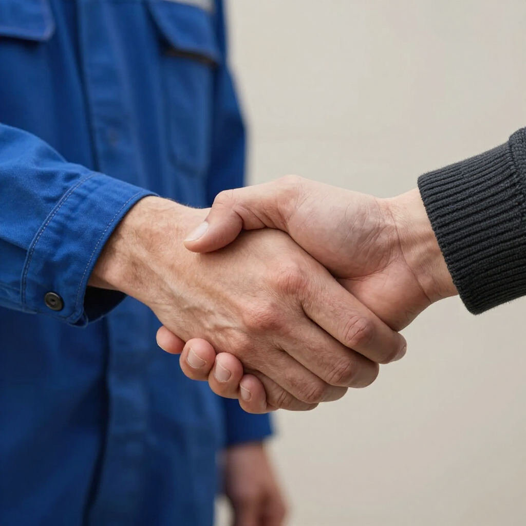 Dos personas dándose la mano, una con una chaqueta de trabajo azul y la otra con un suéter oscuro.