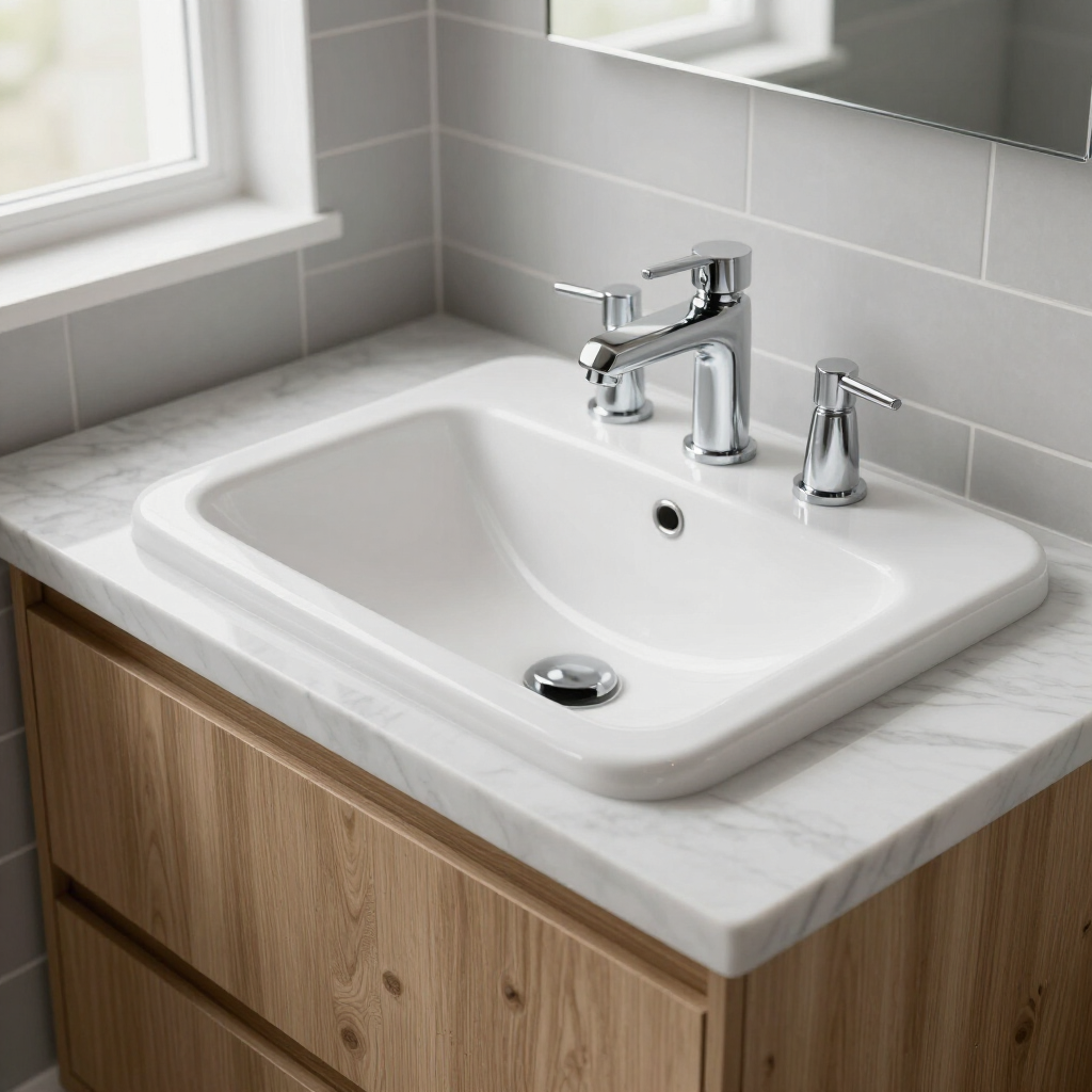 Lavabo blanco con grifo cromado y dispensador de jabón sobre un tocador de madera junto a una ventana.