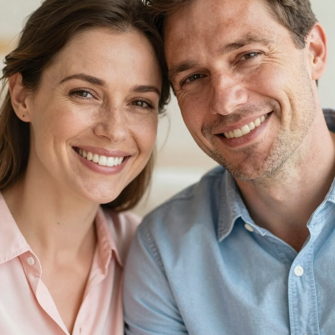 Pareja sonriente posando muy junta con camisas de color rosa pálido y azul claro.