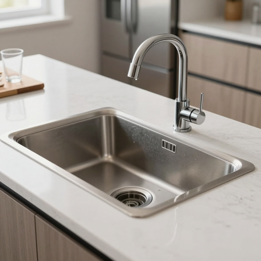 Fregadero de acero inoxidable con grifo cromado sobre una encimera blanca, en una cocina moderna.