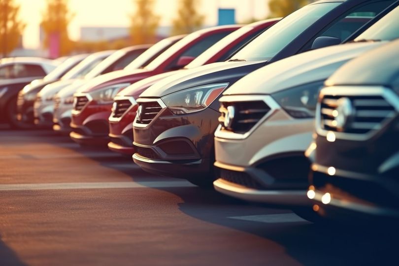 Fila de coches aparcados en varios colores en un concesionario de automóviles en un día soleado.