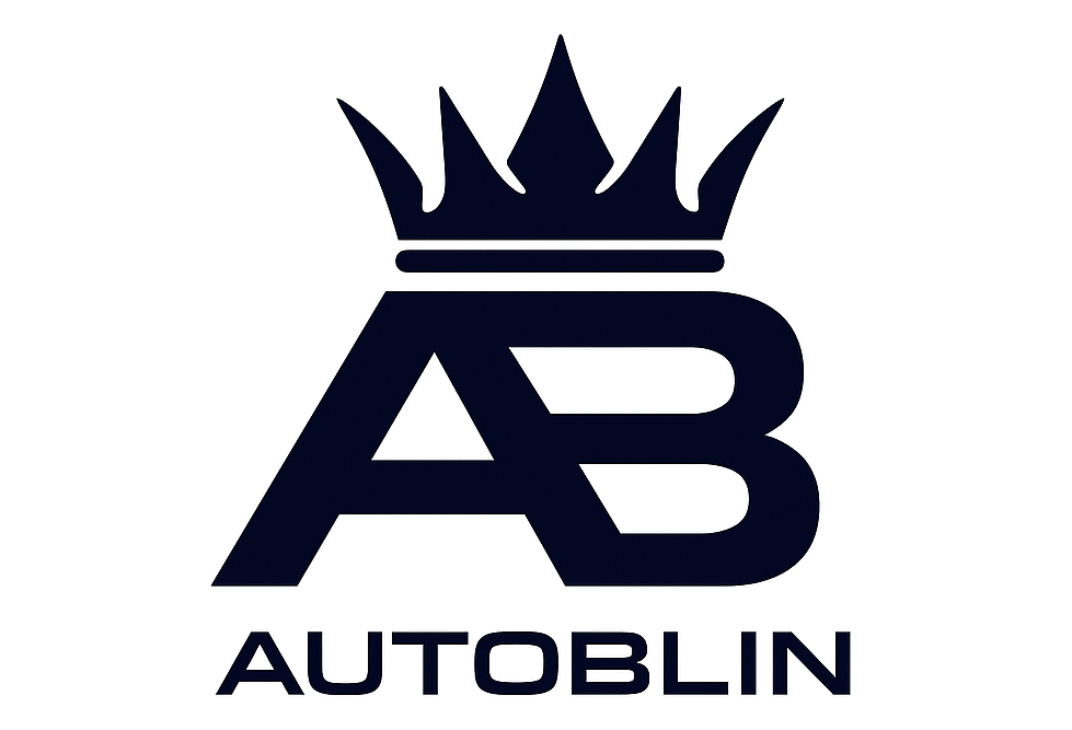 Logotipo azul oscuro con corona encima de letras "AB" entrelazadas; texto "AUTOBLIN" debajo.